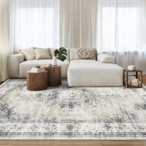 Vintage Area Rug – Washable Non-Slip Low-Pile Rug for Living Room, Bedroom & Office