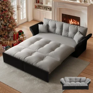 Queen Velvet Pull-Out Sofa Bed – 74.8″ Luxury Futon Couch for Living Room, Office & RV (Grey)