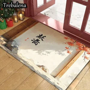 Welcome Door Mat – Elegant Calligraphy & Maple Leaf Design Non-Slip Doormat for Entryway