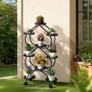 9 Tray Metal Plant Stand Black with Flower Pot Holder